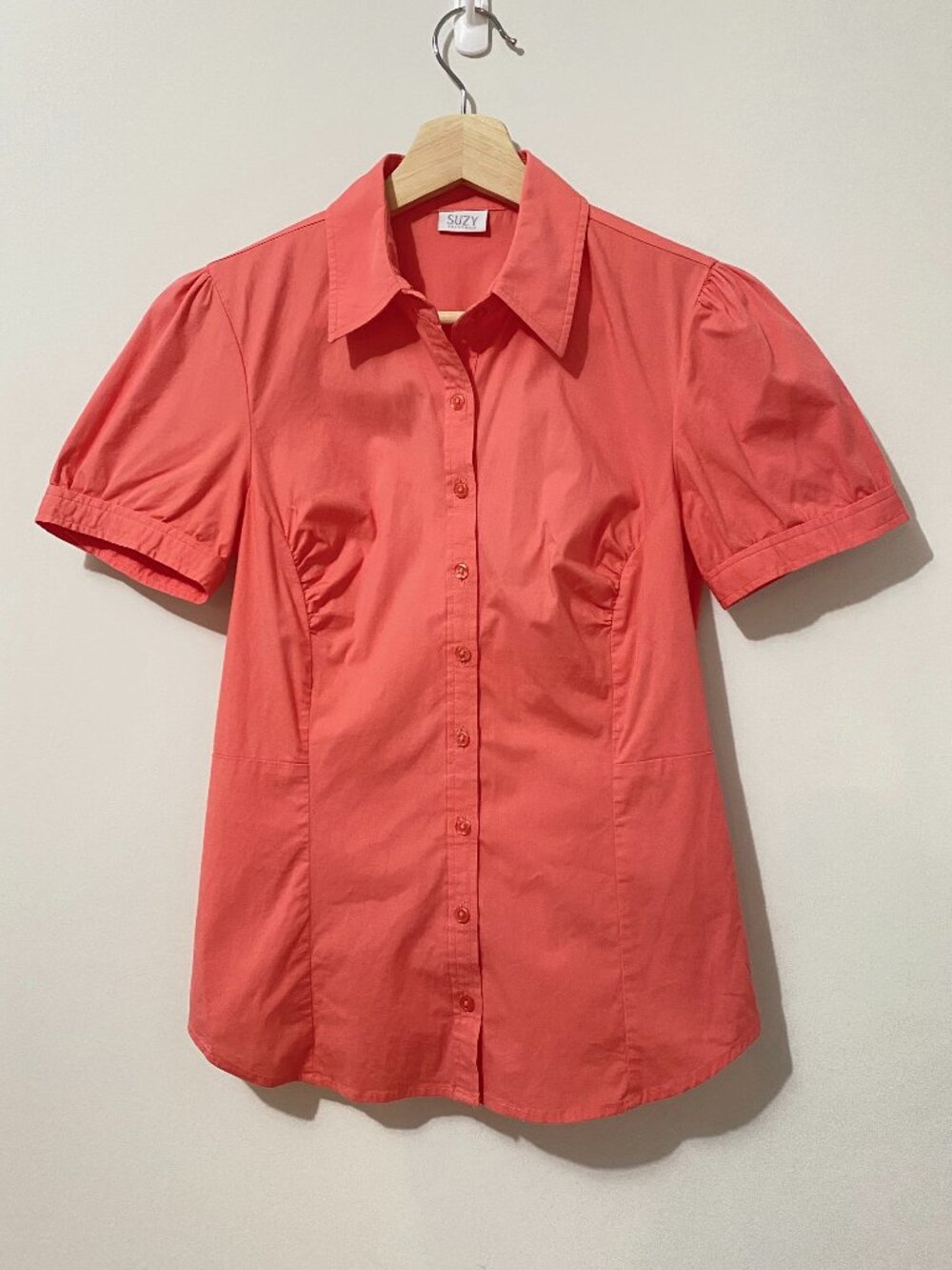 Y2K Suzy Shier Coral Pink Button Down Puff Sleeve Top Preppy Office Poplin